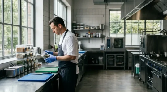 Chef de cuisine professionnel vérifiant les ingrédients dans une cuisine moderne avec protocole de sécurité alimentaire
