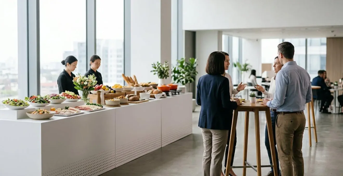 Ambiance de séminaire professionnel avec repas soigné favorisant la concentration