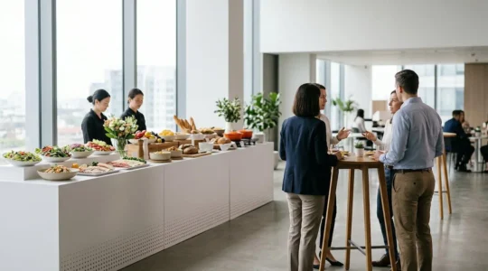 Ambiance de séminaire professionnel avec repas soigné favorisant la concentration