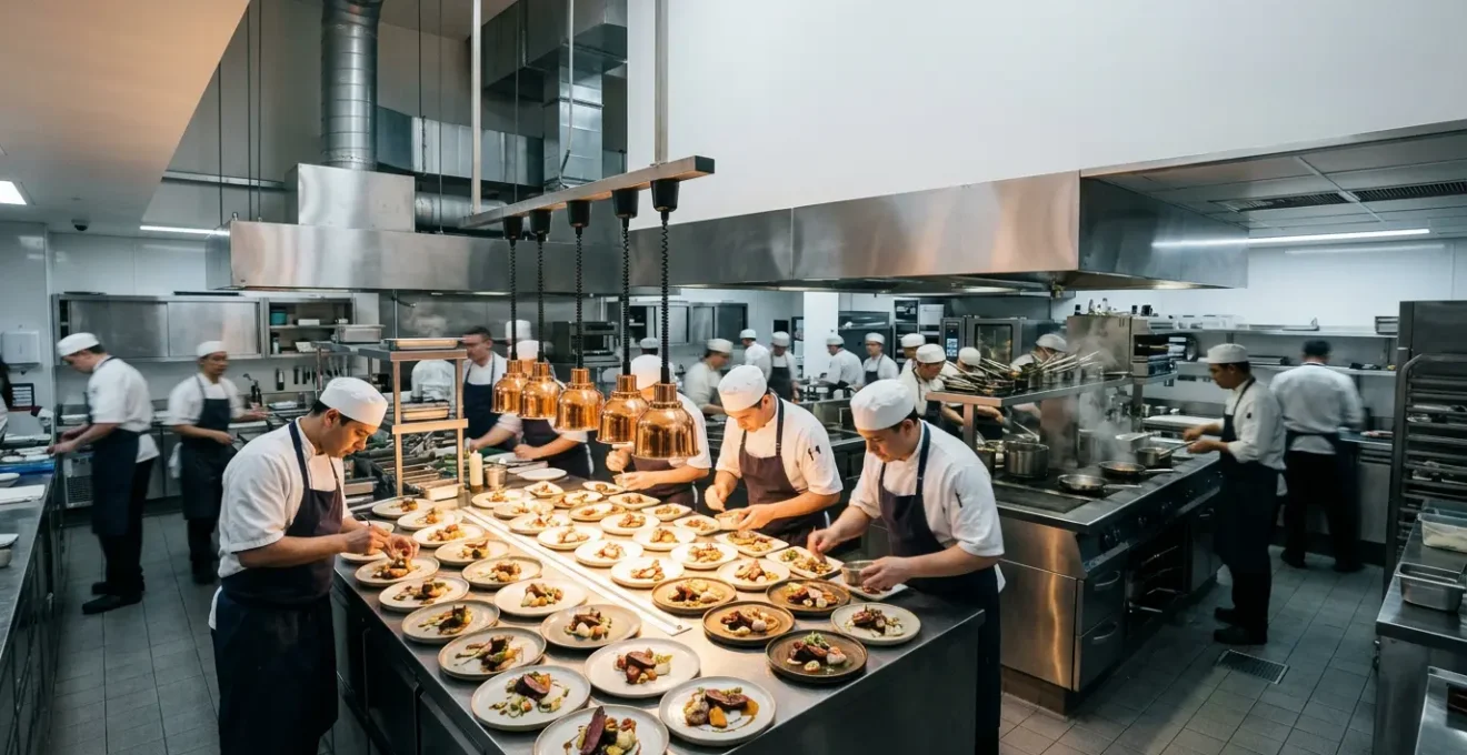 Vue d'ensemble d'une cuisine professionnelle en pleine orchestration pour un banquet de gala avec équipes coordonnées