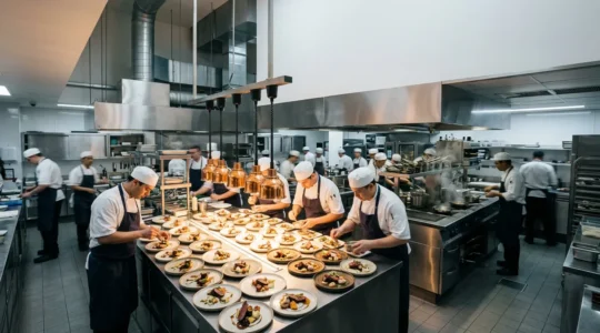 Vue d'ensemble d'une cuisine professionnelle en pleine orchestration pour un banquet de gala avec équipes coordonnées