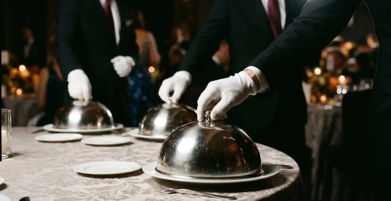 Service à la cloche synchronisé par une équipe de serveurs professionnels autour d'une table de gala