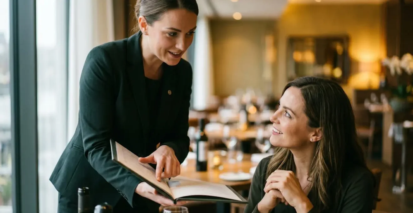 Interaction professionnelle entre serveur et client dans un restaurant gastronomique pendant le service