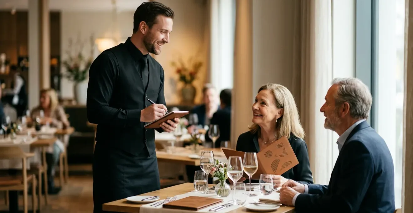 Scène de service en salle de restaurant avec interaction entre serveur et clients dans une ambiance professionnelle