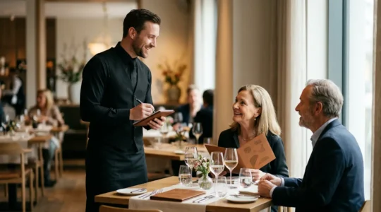 Scène de service en salle de restaurant avec interaction entre serveur et clients dans une ambiance professionnelle
