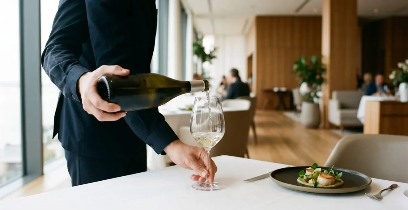 Plan moyen d'un sommelier servant avec précision un vin blanc frais dans un verre élégant, avec une assiette d'entrée raffinée visible en arrière-plan