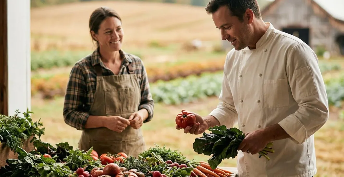 Chef professionnel inspectant des produits frais locaux chez un producteur, symbole de sourcing éthique et responsable en restauration