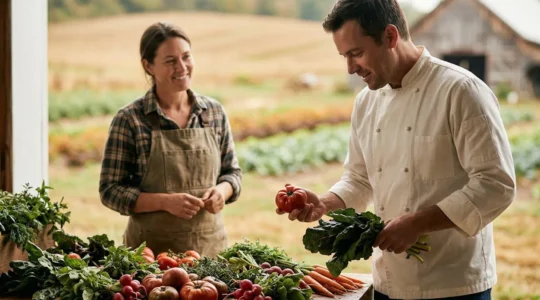 Chef professionnel inspectant des produits frais locaux chez un producteur, symbole de sourcing éthique et responsable en restauration