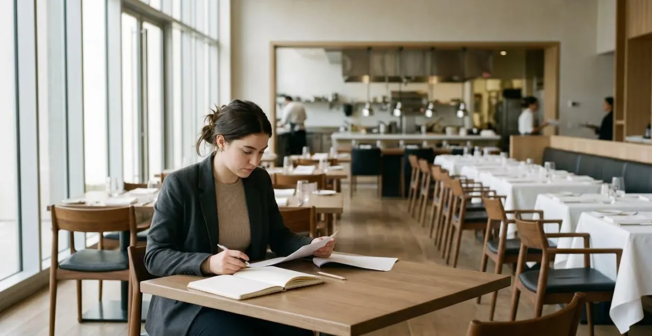 Un stagiaire analysant des données de gestion sur tablette dans un restaurant professionnel