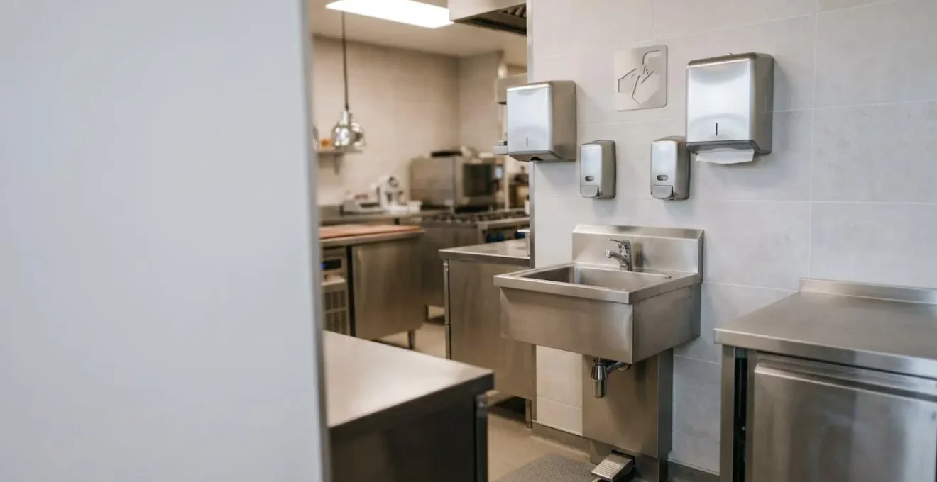 Station de lavage des mains équipée en cuisine professionnelle avec distributeurs sans contact