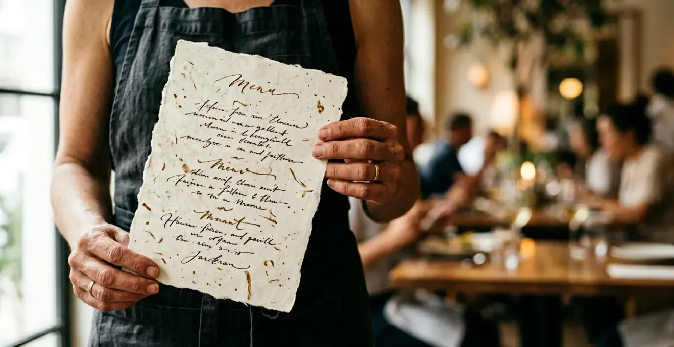 Chef racontant l'histoire d'un plat à travers un menu gastronomique dans un restaurant premium