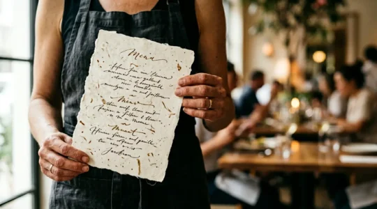 Chef racontant l'histoire d'un plat à travers un menu gastronomique dans un restaurant premium