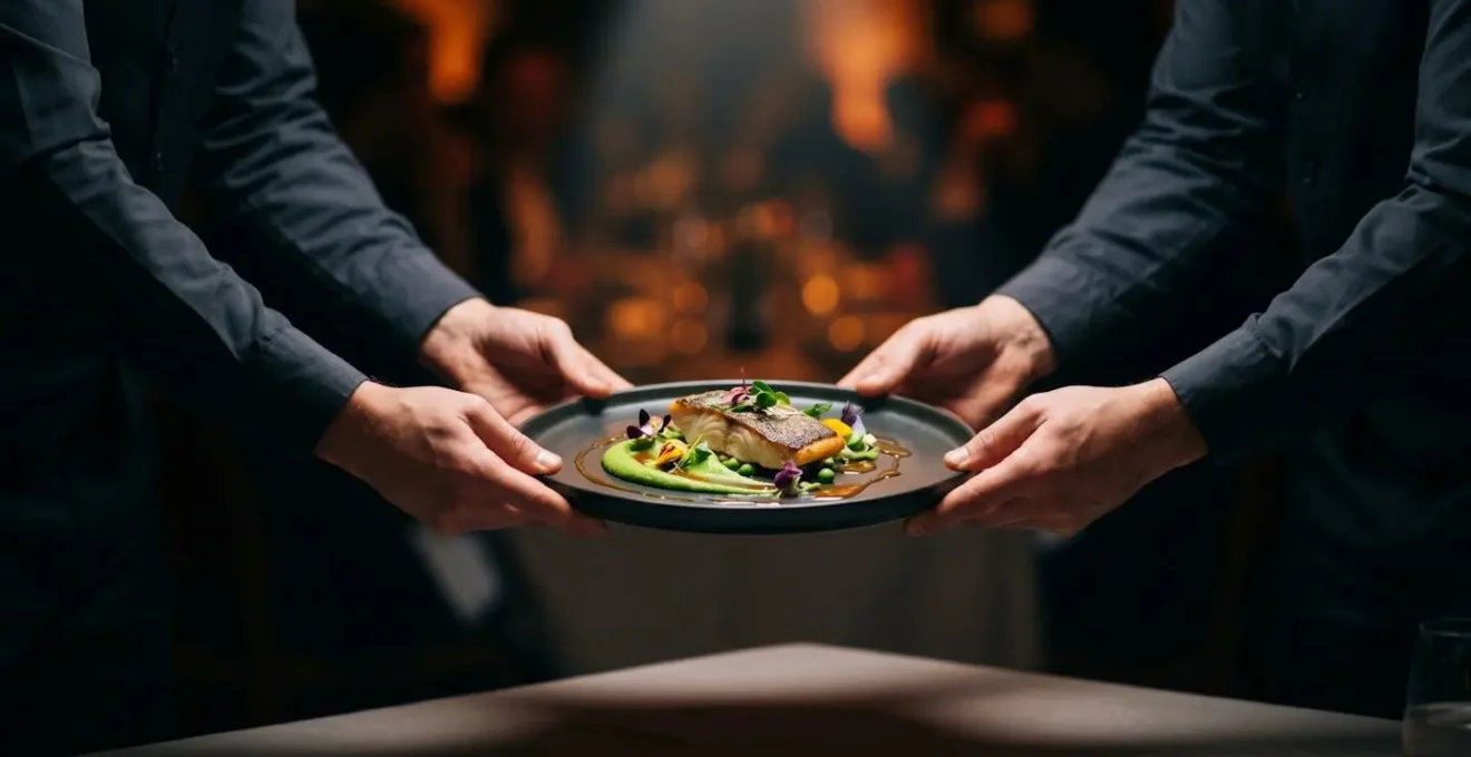 Moment de synchronisation parfaite entre éclairage, musique et service lors d'un événement gastronomique