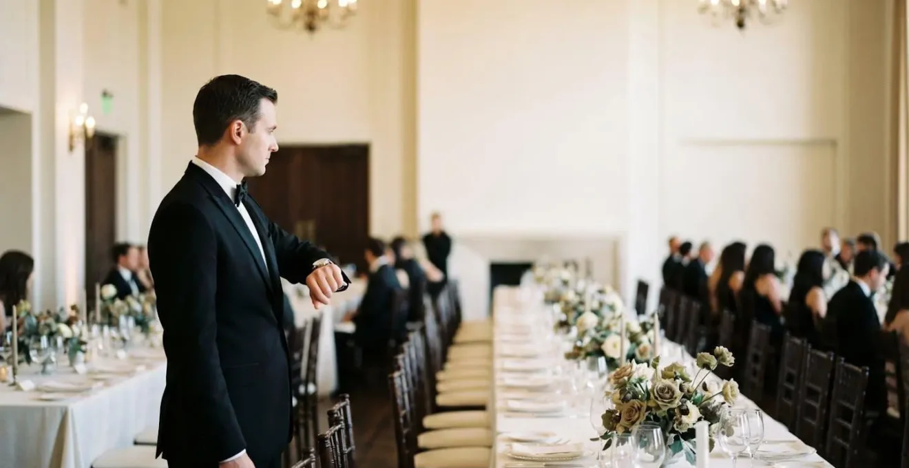 Maître d'hôtel vérifiant discrètement sa montre lors d'un service de mariage