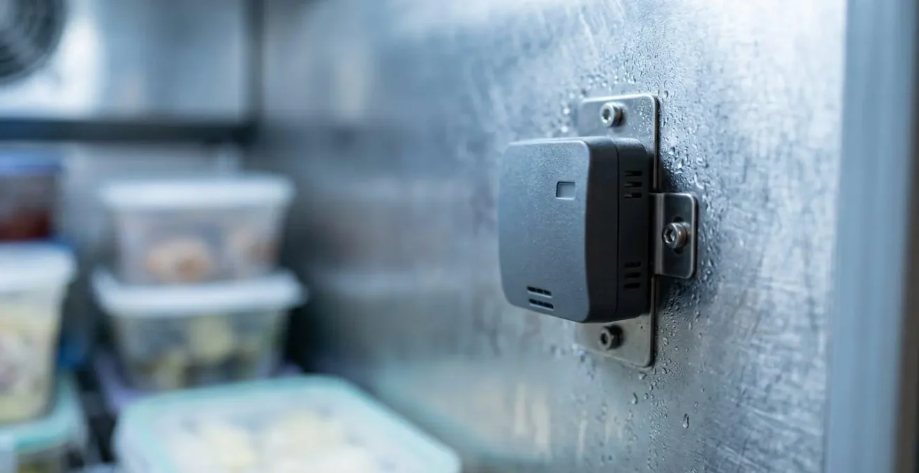 Capteur de température connecté installé dans une chambre froide professionnelle avec système d'alerte en temps réel