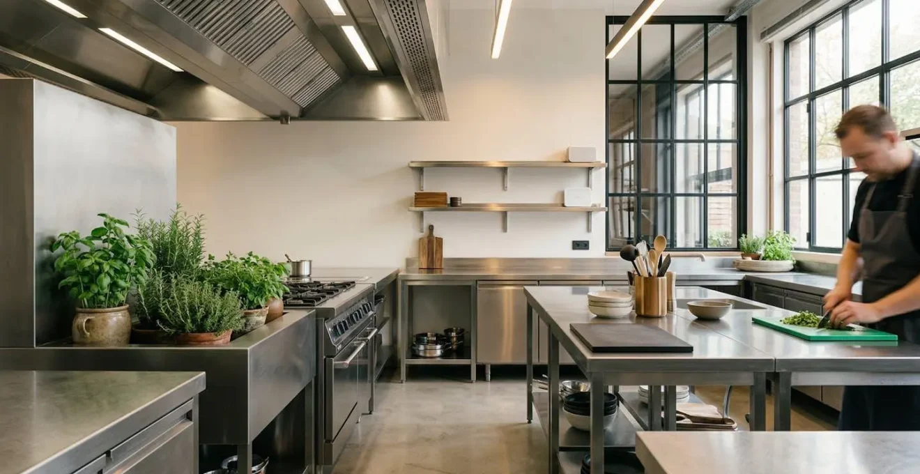 Vue d'ensemble d'une cuisine professionnelle moderne intégrant des technologies écologiques et des équipements connectés pour réduire l'empreinte carbone