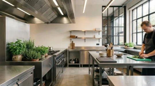 Vue d'ensemble d'une cuisine professionnelle moderne intégrant des technologies écologiques et des équipements connectés pour réduire l'empreinte carbone