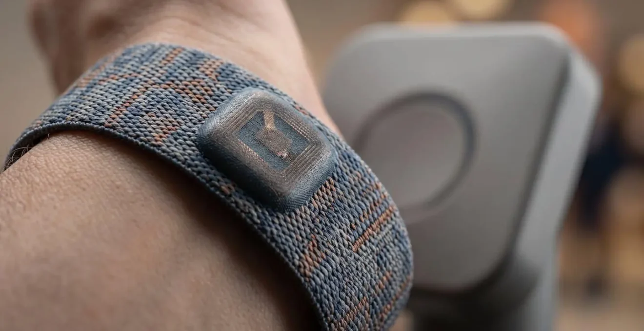 Gros plan sur une main tenant un bracelet RFID près d'un lecteur sans contact
