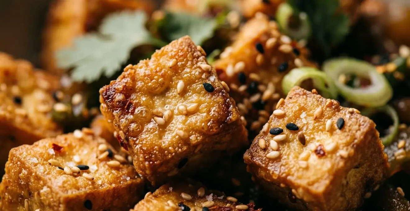 Cubes de tofu dorés et croustillants dans une poêle avec des épices et graines de sésame