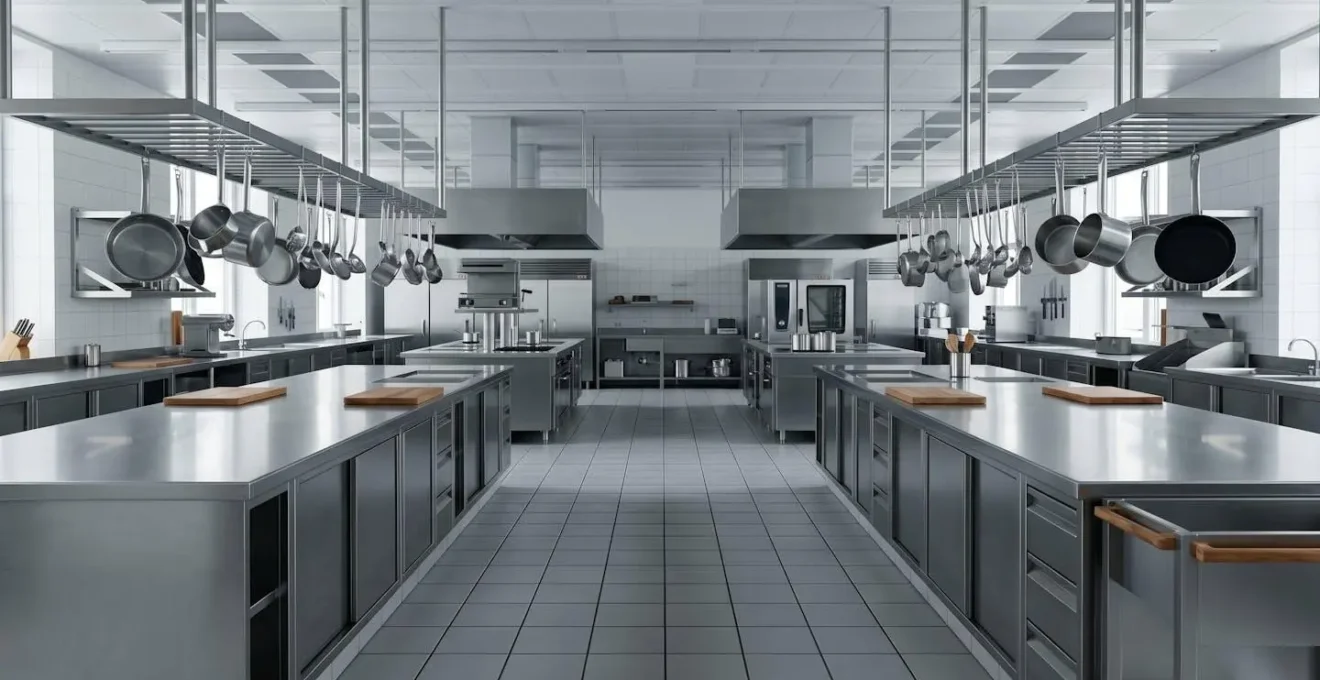 Vue d'ensemble minimaliste d'une cuisine professionnelle moderne avec espaces de travail organisés