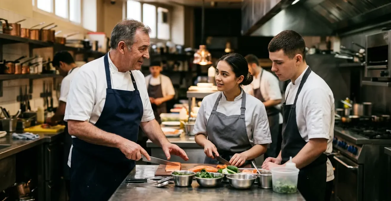 Formation professionnelle dans une brigade de cuisine moderne avec chef et employés en interaction