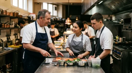 Formation professionnelle dans une brigade de cuisine moderne avec chef et employés en interaction
