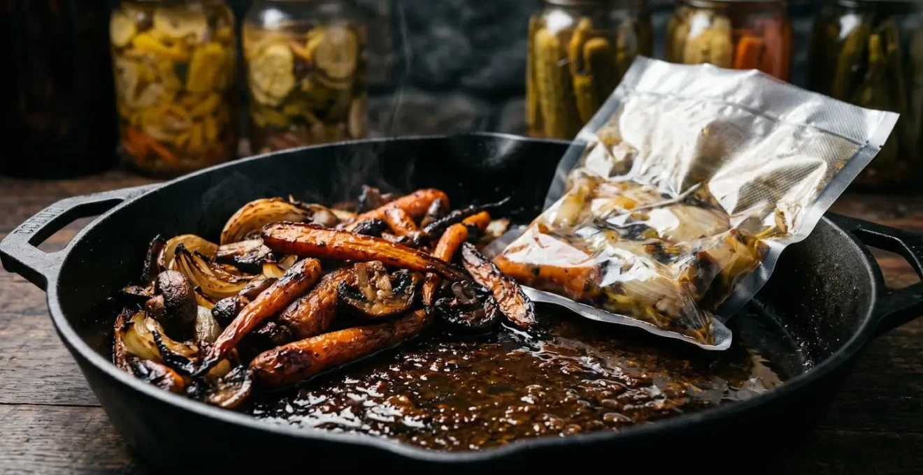 Légumes racines rôtis et caramélisés disposés sur une plaque de cuisson avec jus concentré