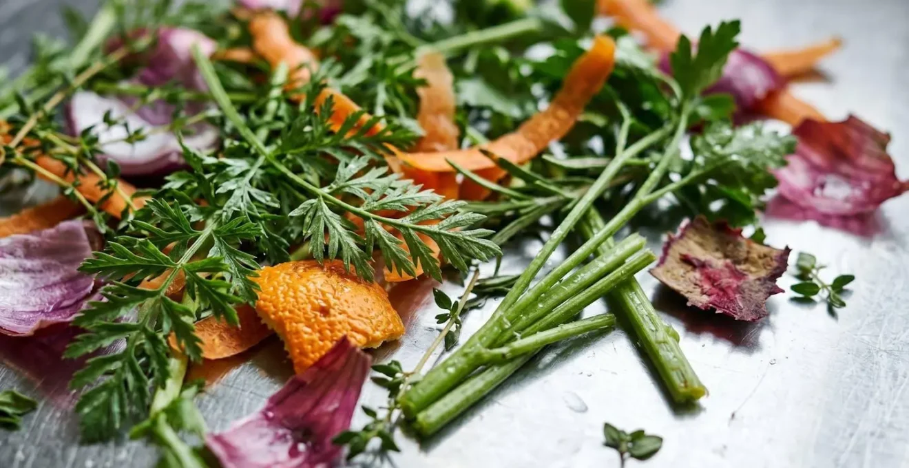 Parures de légumes et chutes nobles transformées en préparation culinaire créative pour repas du personnel