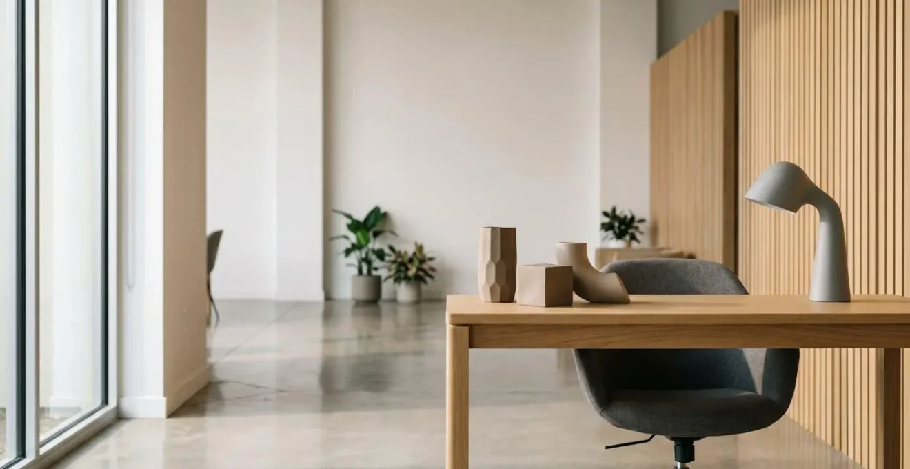 Composition environnementale et minimaliste montrant un espace de travail épuré en hôtellerie avec lumière naturelle et perspective architecturale