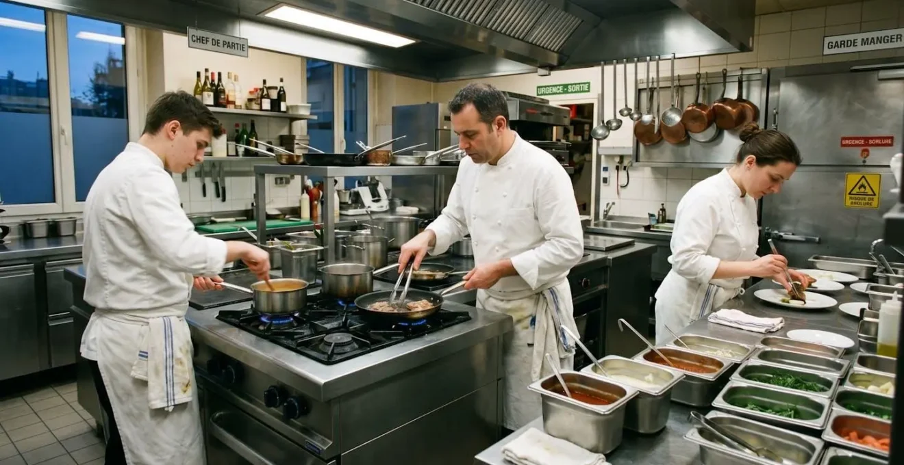 Cuisine professionnelle de restaurant en activité avec piano de cuisson central, plans de travail inox, bacs GN et brigade en service