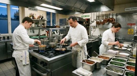 Cuisine professionnelle de restaurant en activité avec piano de cuisson central, plans de travail inox, bacs GN et brigade en service