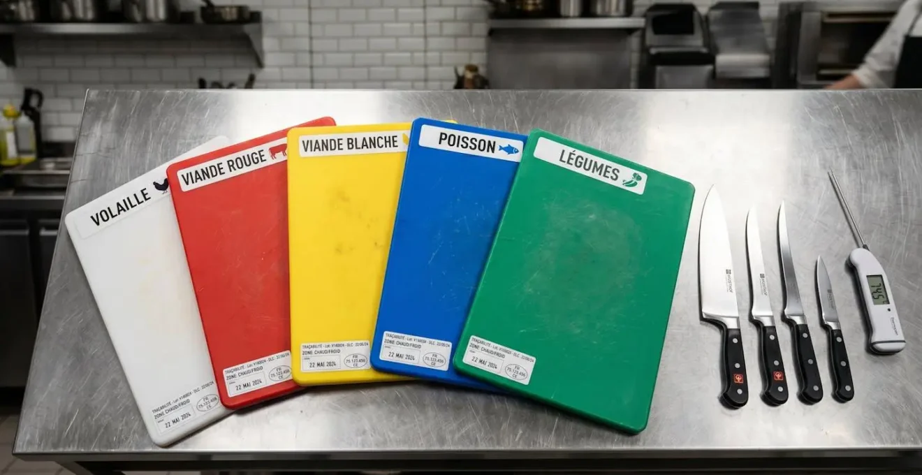 Planches de découpe professionnelles à codes couleur HACCP (blanc, rouge, jaune, bleu, vert) avec couteaux et thermomètre sur plan de travail inox