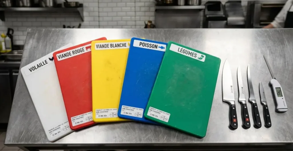 Planches de découpe professionnelles à codes couleur HACCP (blanc, rouge, jaune, bleu, vert) avec couteaux et thermomètre sur plan de travail inox
